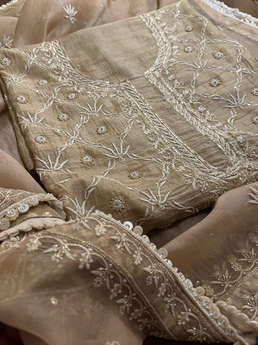 Beige Rasm Tussar Kota Chikankari Unstitched Chikankari Fabrics