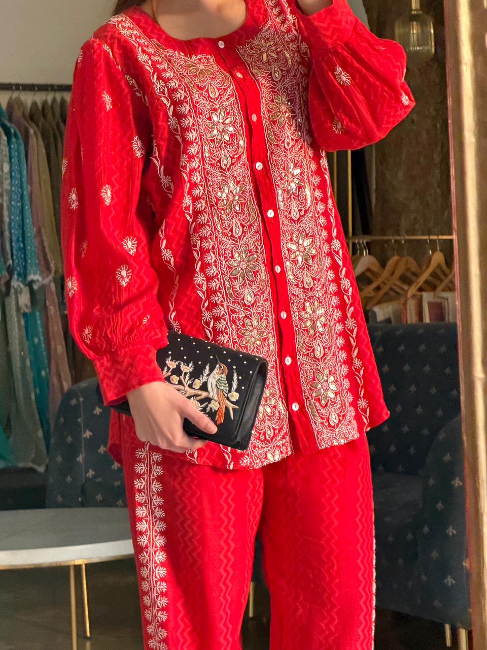 Crimson Red | Jacquard Sequins Chikankari Co-Ord Set