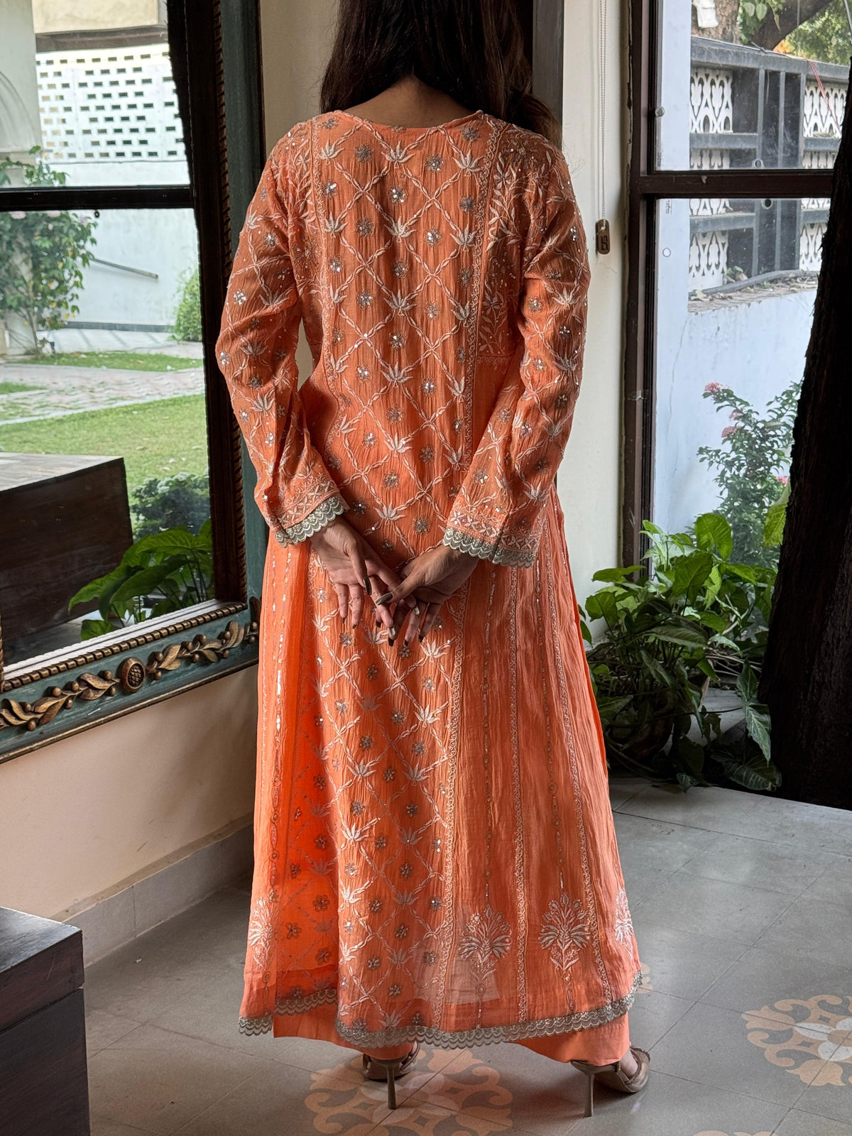 Coral Orange Malmal Pearl Work Chikankari A Line Kalidar Kurta With Dupatta