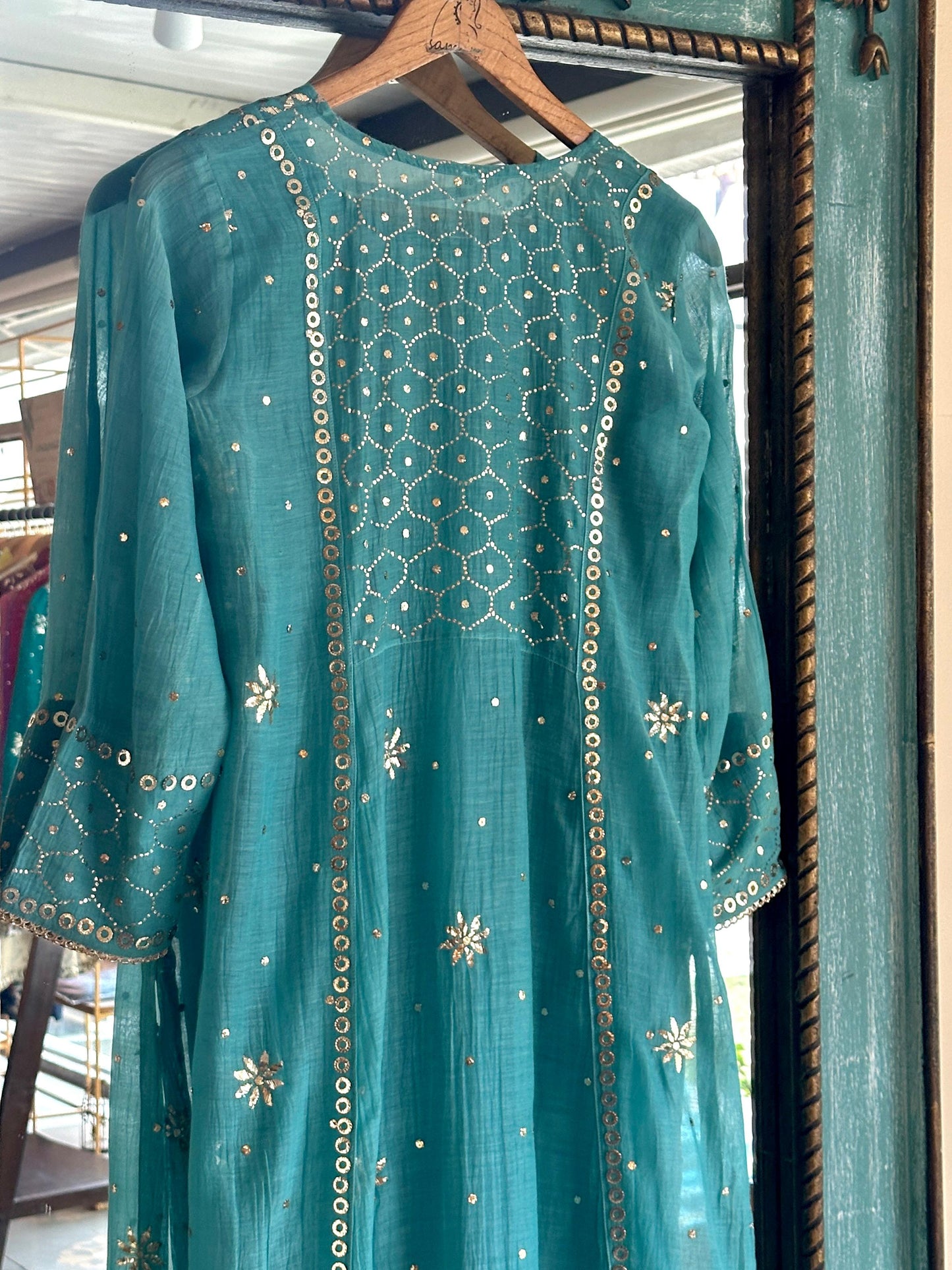 Sea Green Shade Mukaish Mul Chanderi Silk Dress