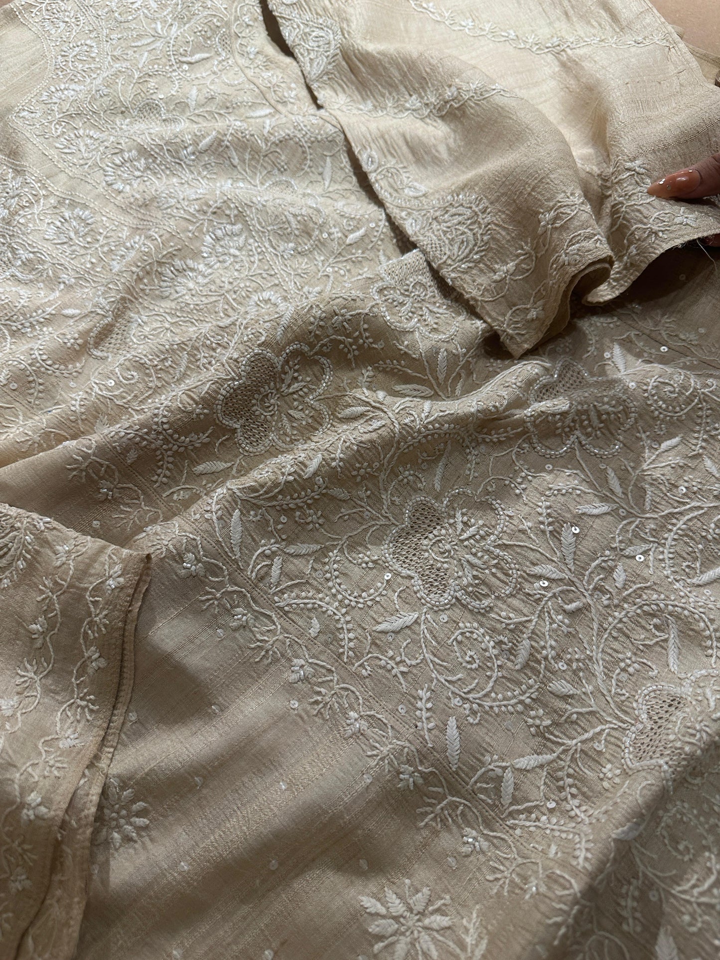 Semi Stitched Natural Shade Tussar Silk Chikankari Kurta Dupatta Set