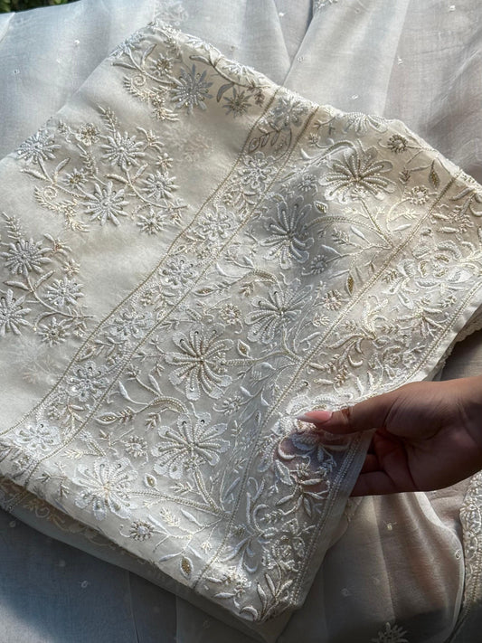 White Noor Organza Banarasi Silk Chikankari Unstitched Kurta Dupatta Set