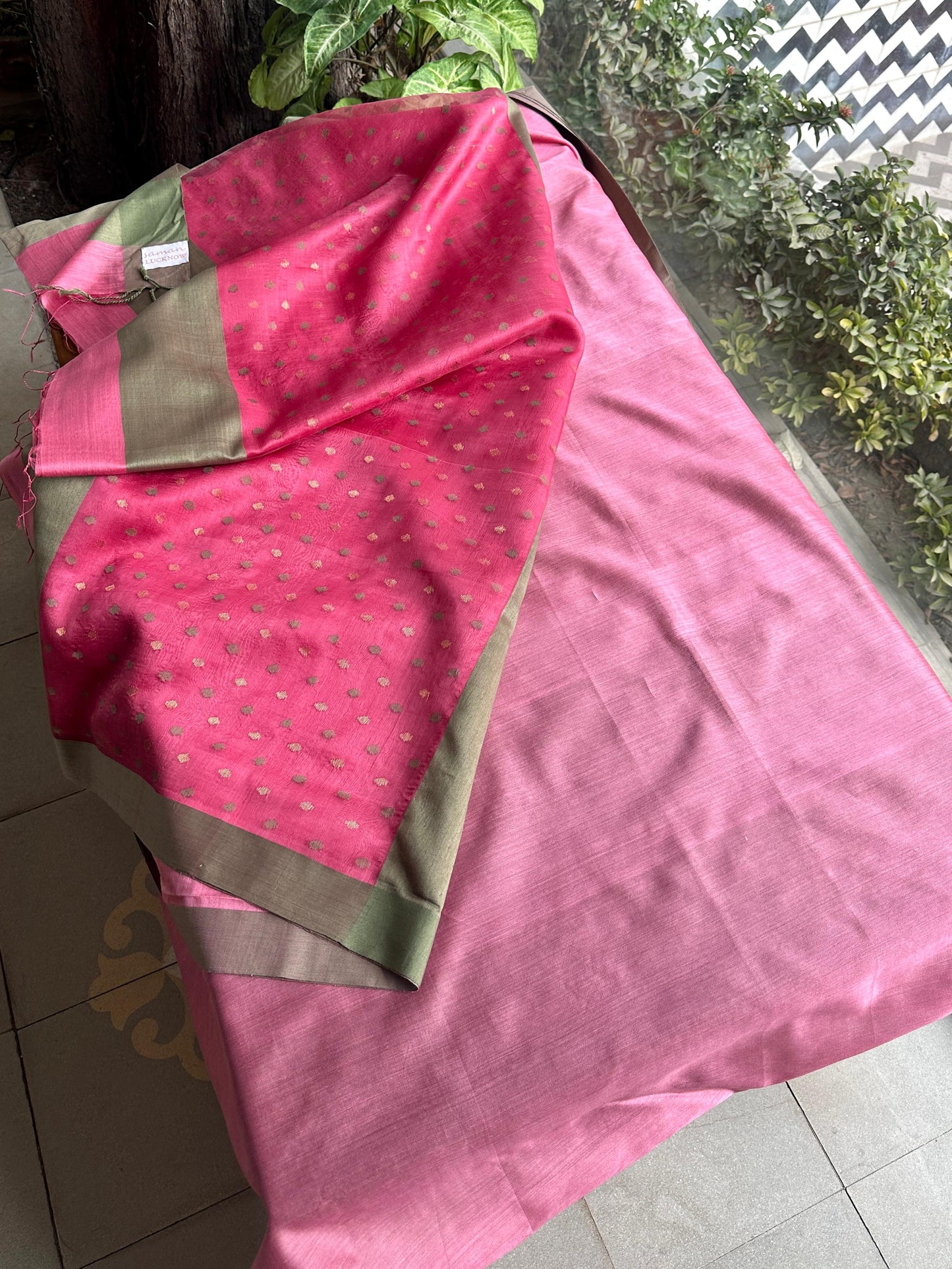 Hot Pink Woven Butta Saree with Contrast Grey Border
