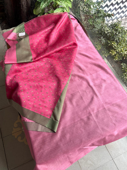 Hot Pink Woven Butta Saree with Contrast Grey Border