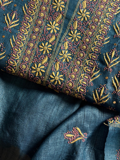 Blue Multi Roheen Tussar Silk Chikankari Fabric