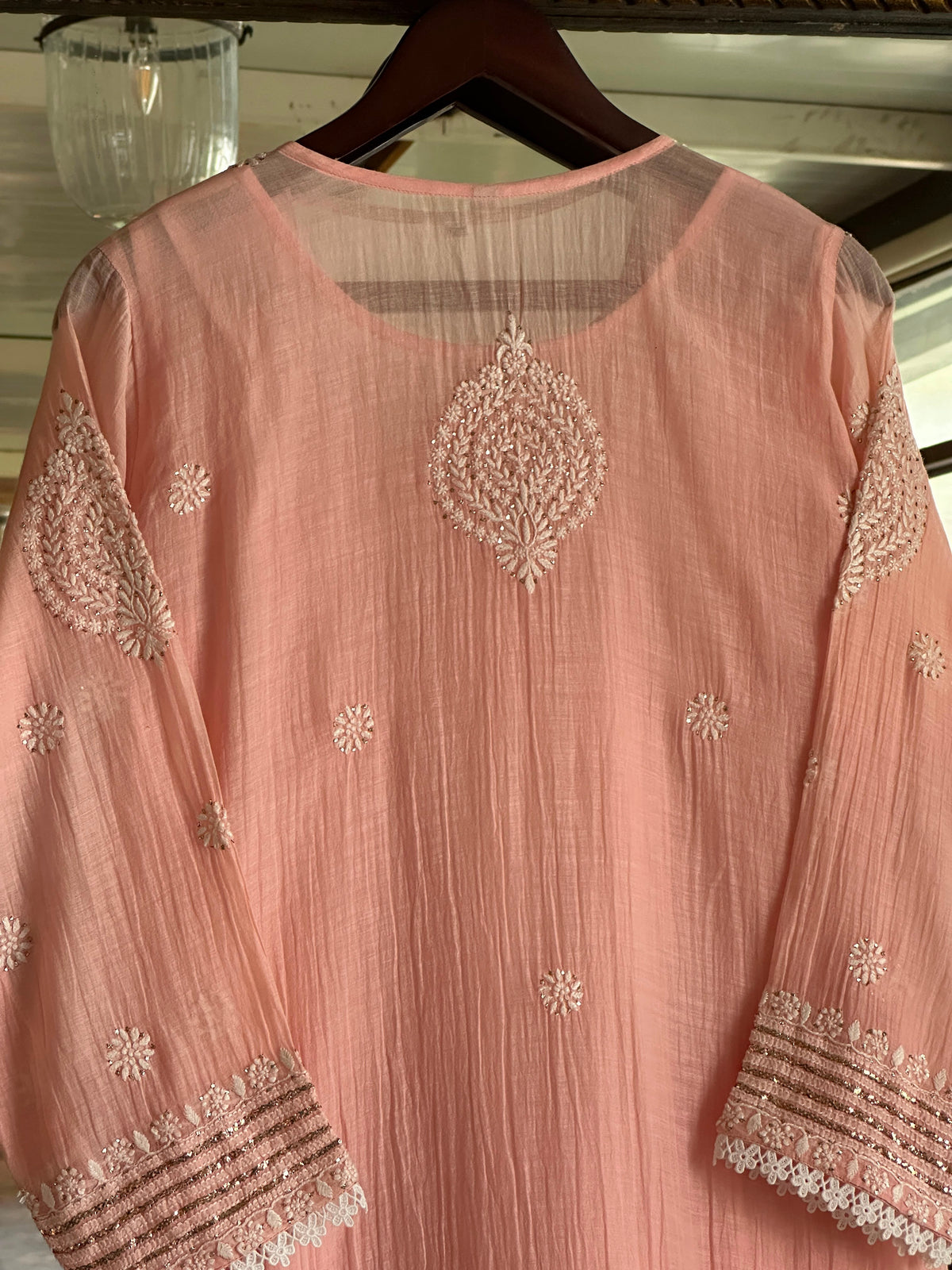 Peach Mal Heavy Chikankari Yoke Kurta Set with Kamdani Mukaish