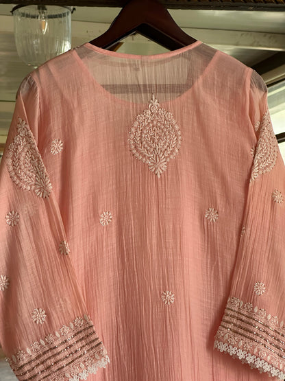 Peach Mal Heavy Chikankari Yoke Kurta Set with Kamdani Mukaish