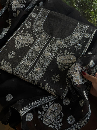 MYSTIC BLACK AND ASH SILVER | TISSUE SILK CHIKANKARI