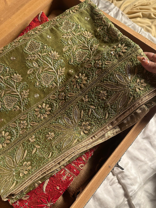 Green Tissue Silk Chikankari Unstitched Fabric