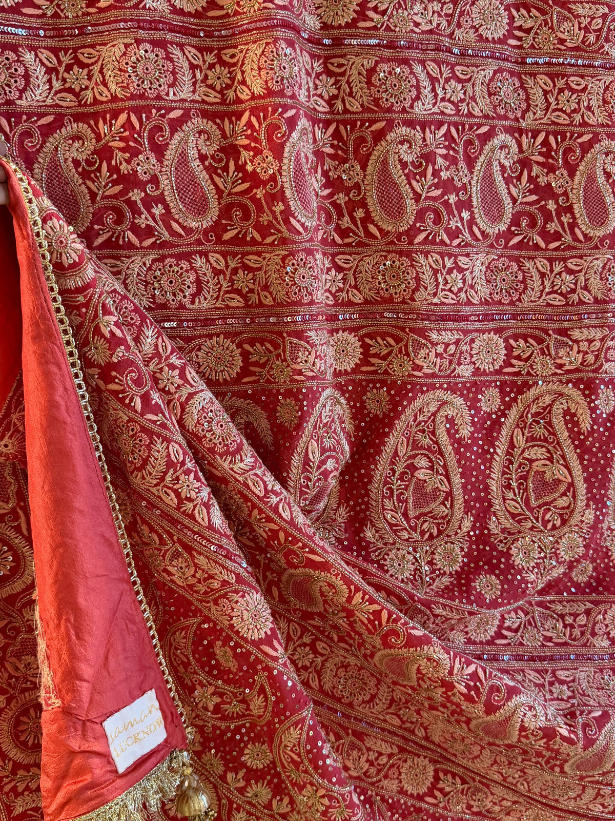 Deep Coral Shade Heavy Chikankari Jwelled Chikankari Sequinned Saree