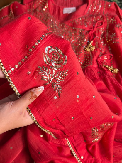 Red Mukaish Kamdani Mul Chanderi Angarkha