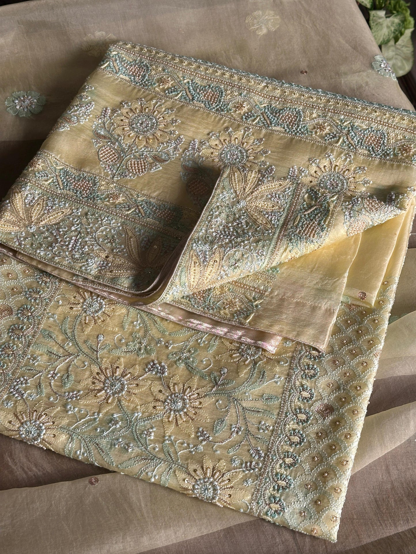 Lemon Shade Noor Banarasi Organza Chikankari Unstitched Fabric