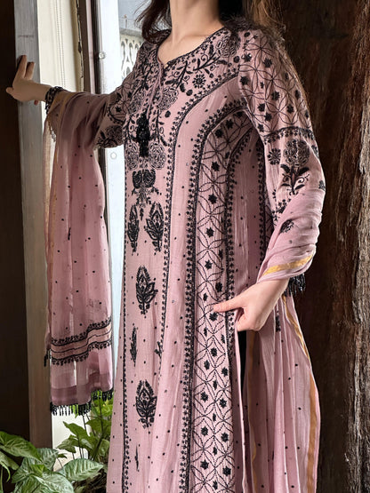 Plum Black Shade Malmal Pearl Work Chikankari Anarkali