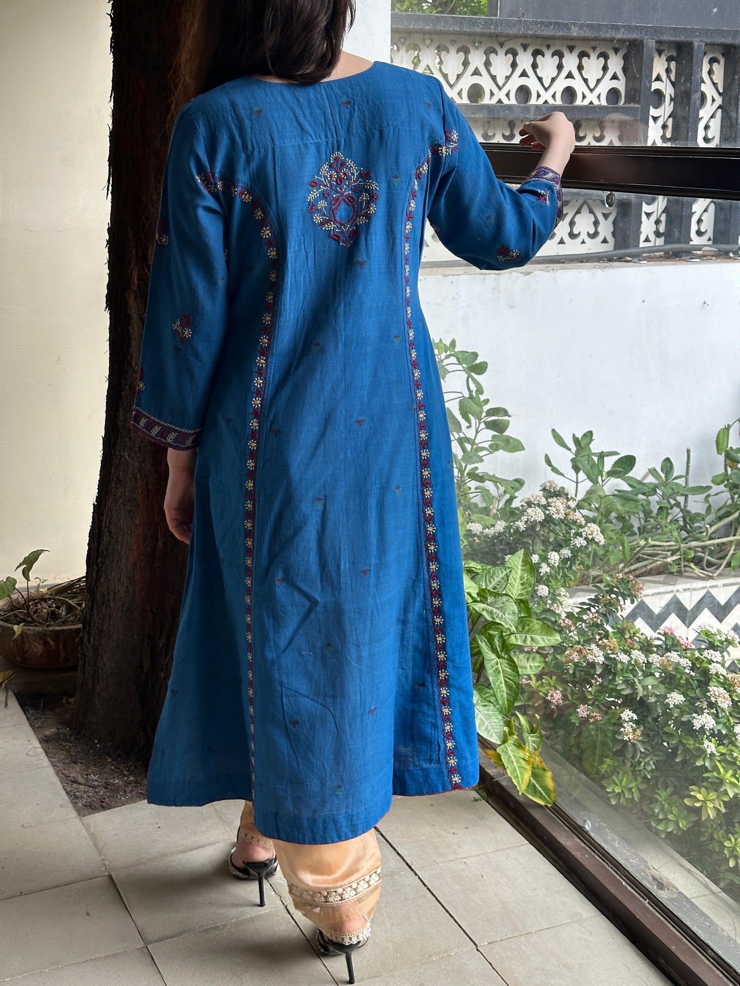 Blue & Maroon Handspun Malkha Chikankari Panel Tunic