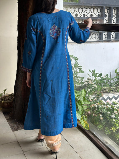 Blue & Maroon Handspun Malkha Chikankari Panel Tunic