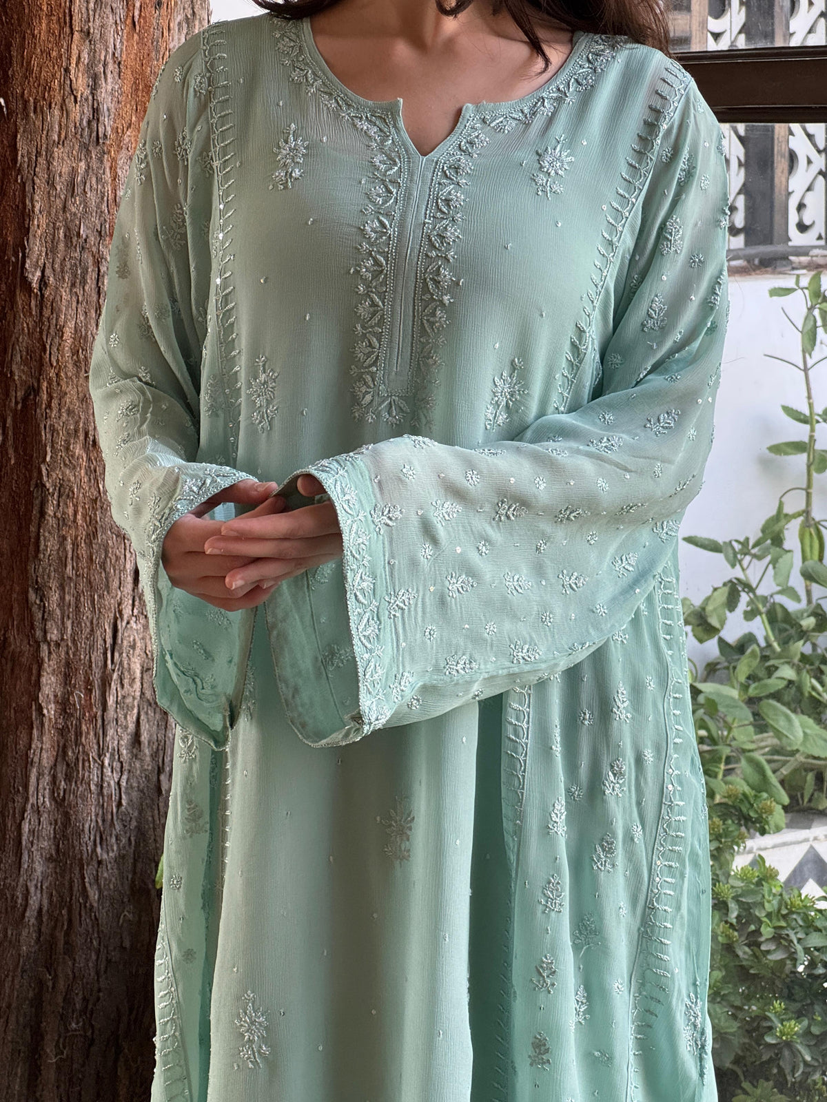Pastel Sea Green Chiffon Kurta with Afghani Salwar – Fine Chikankari Work