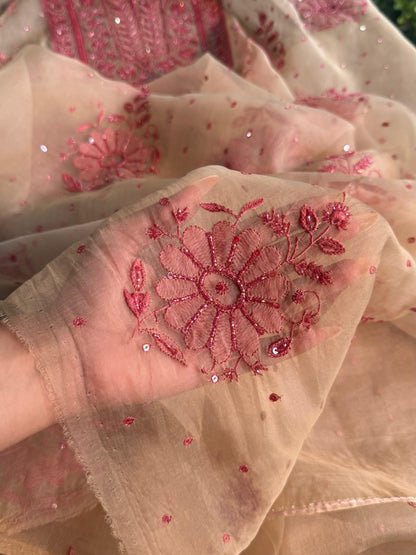 Beige Red Noor Organza Silk Chikankari Unstitched Kurta Dupatta Set