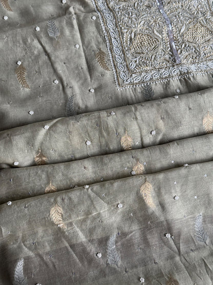 Grey Shade Banarasi Zari Chanderi Unstitched Chikankari Fabric