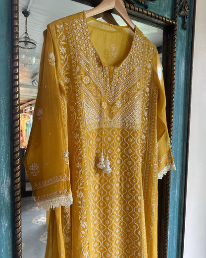 Yellow Malmal Pearl Work Chikankari Kalidar A Line Kurta With Dupatta