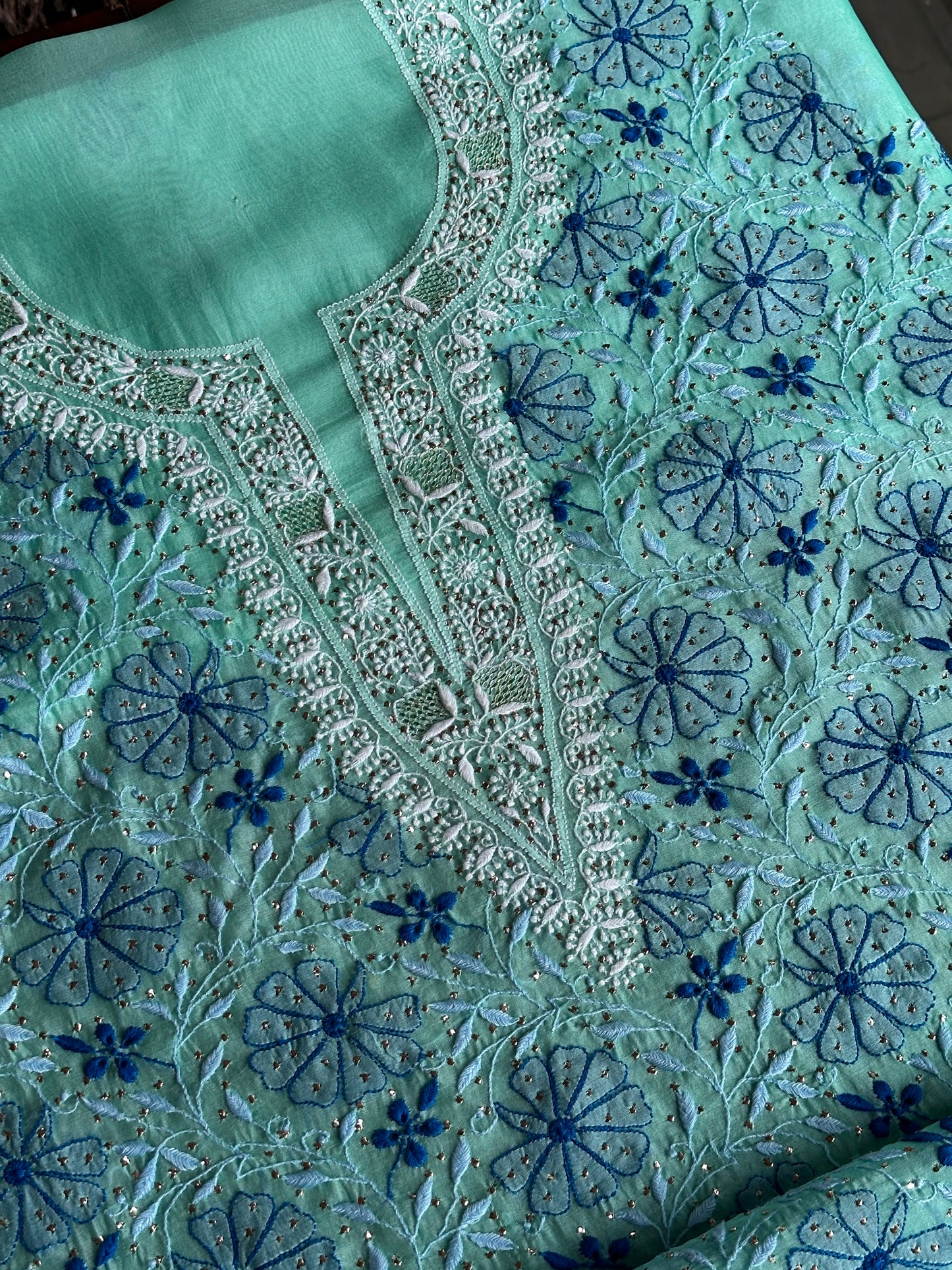 Blue Noor Organza Silk Chikankari With Kamdani Fabric