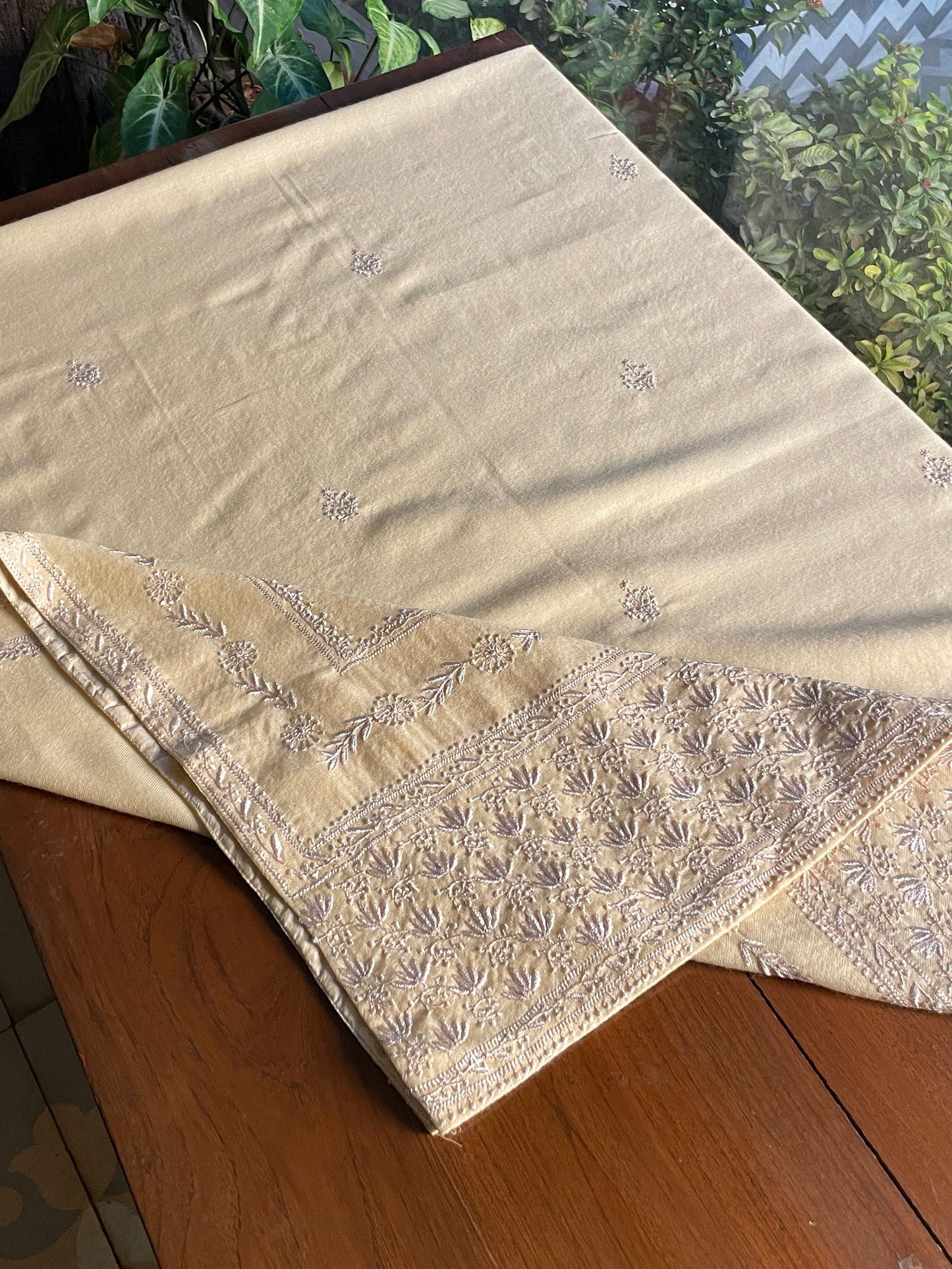 Natural Off White Shade Saman Pashmina Resham Thread Fine Chikankari Shawl