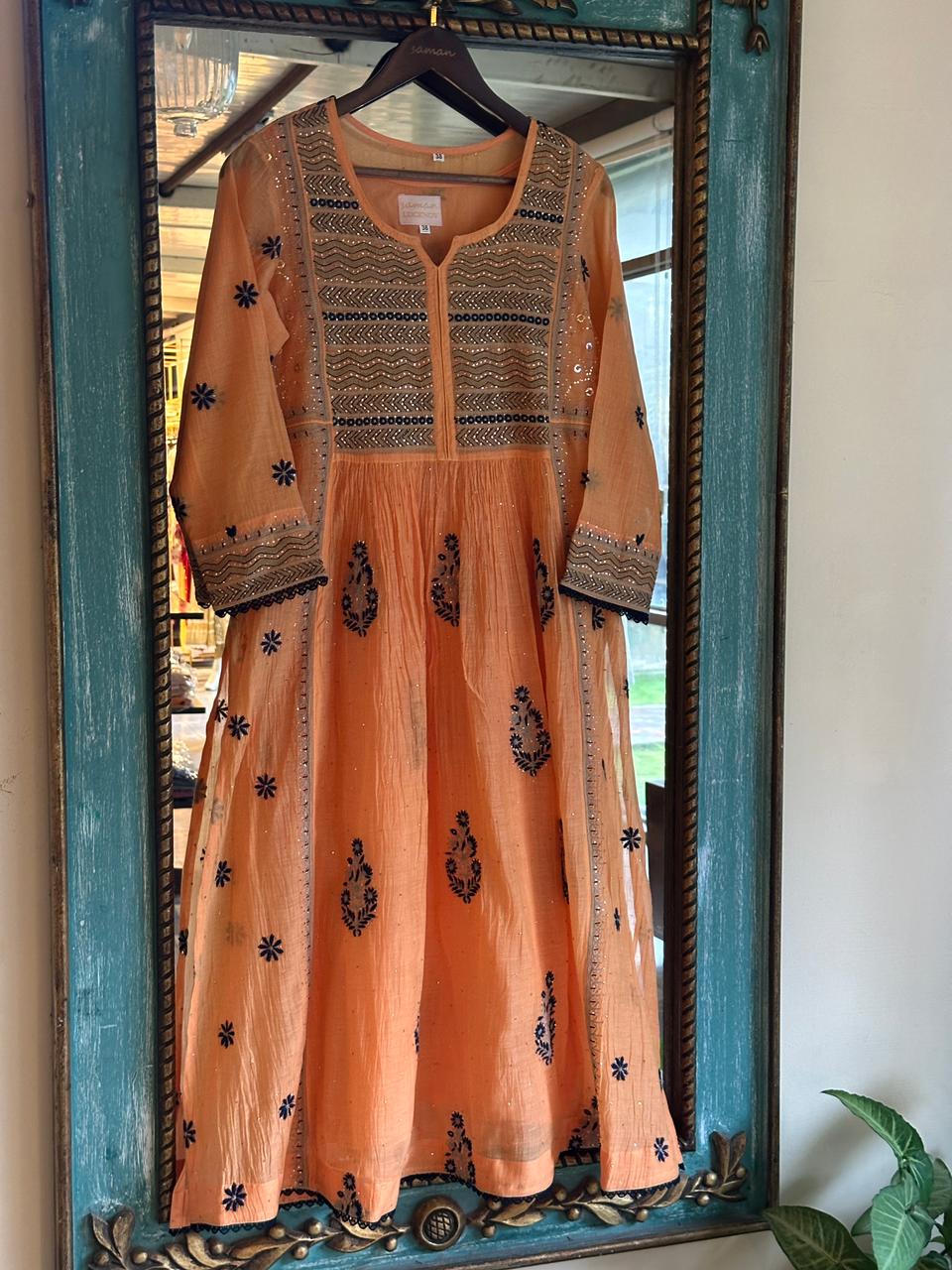 Orange Blue Malmal Mukaish Kamdani Chikankari Stitched Kurta Dupatta Set