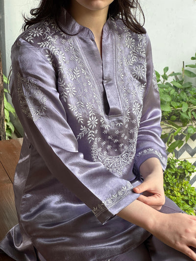 Purplish Grey Satin Shimmer Chikankari Co-Ord Set