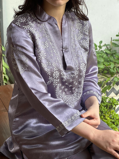 Purplish Grey Satin Shimmer Chikankari Co-Ord Set