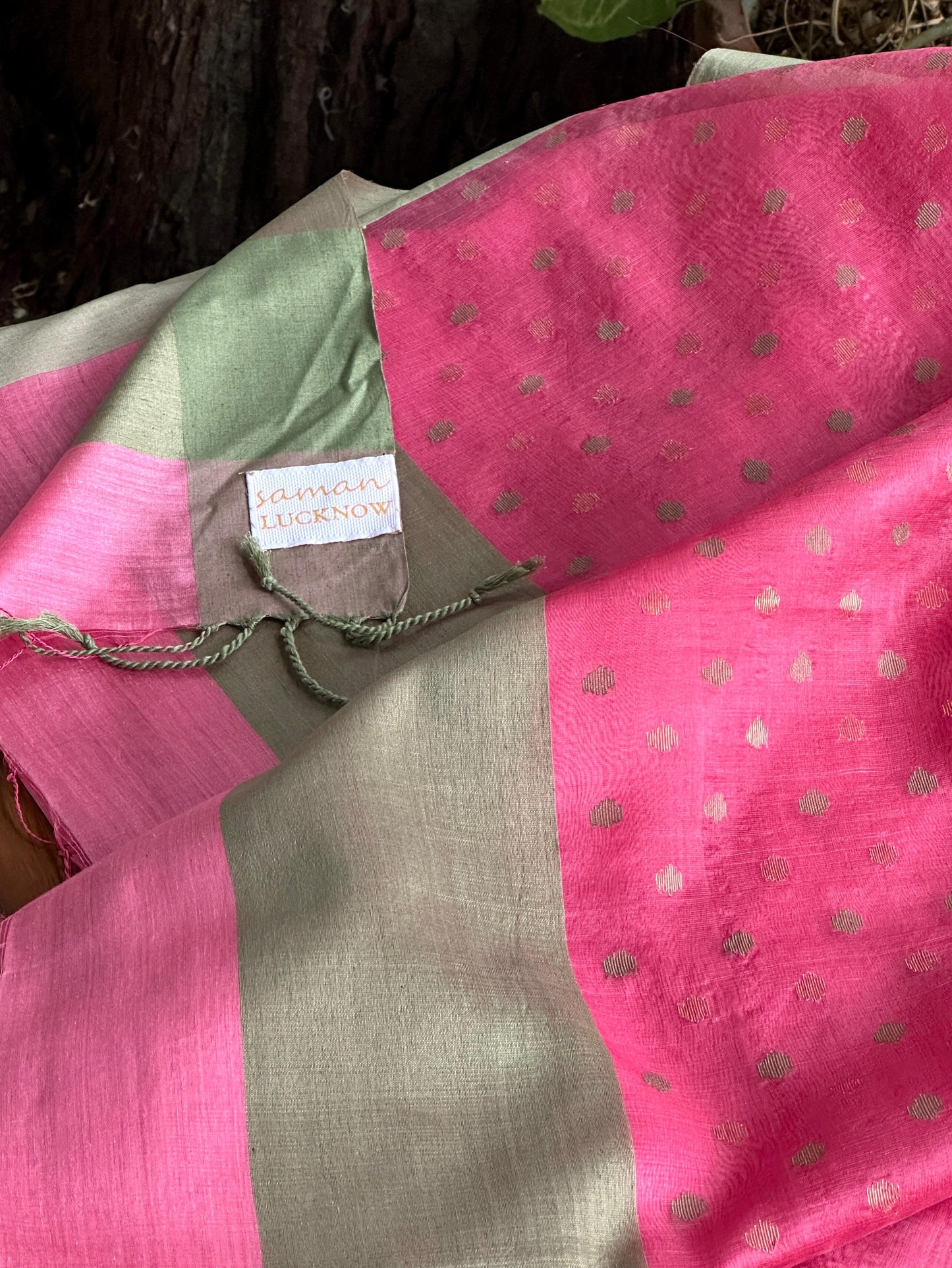 Hot Pink Woven Butta Saree with Contrast Grey Border