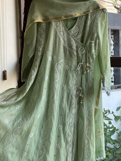 Mint Green Shade Malmal Mukaish Kamdani Chikankari Kalidar Angarkha