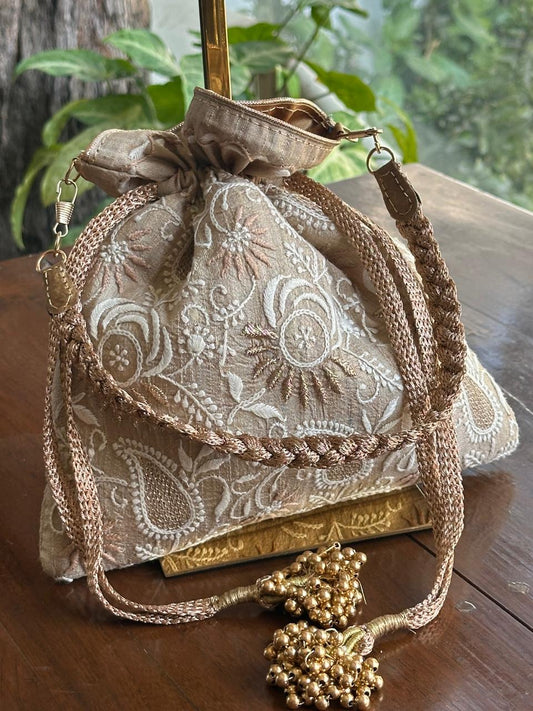 Natural Beige Raw Silk Chikankari Polti Bag