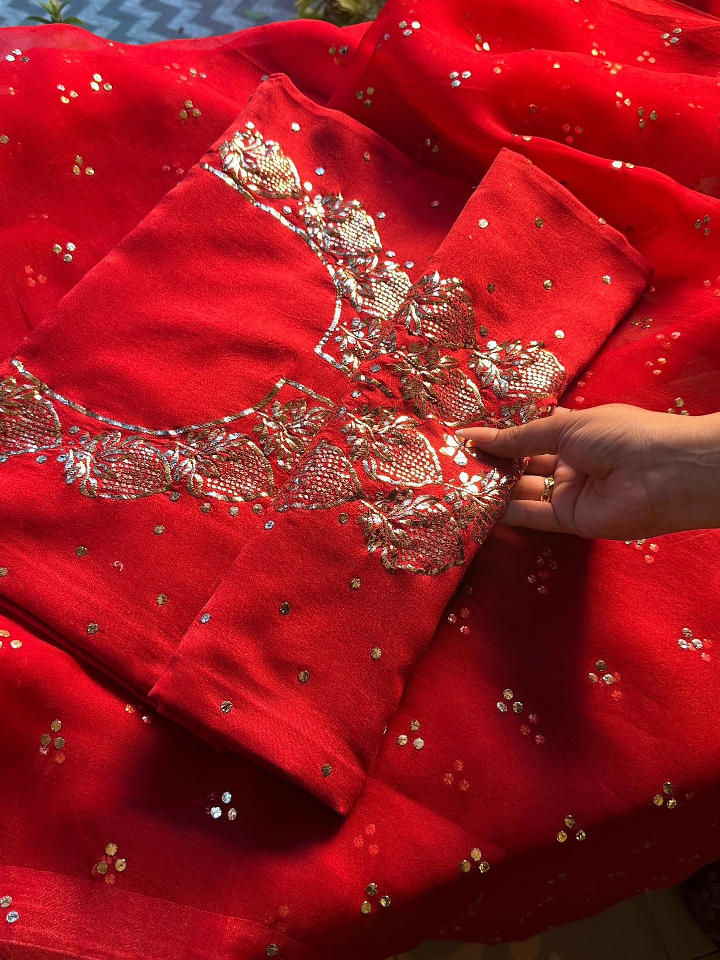 Red Chanderi Silk Mukaish Badla Unstitched Fabrics