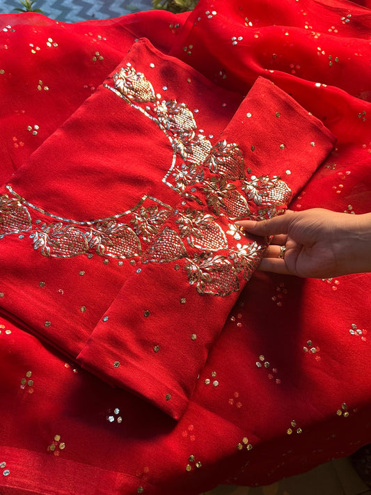 Red Chanderi Silk Mukaish Badla Unstitched Fabrics