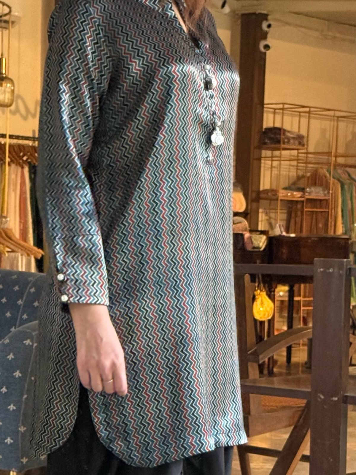 Ajrak Blue Multi Shade Mashru Silk, Short Kurta