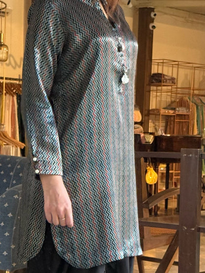 Ajrak Blue Multi Shade Mashru Silk, Short Kurta