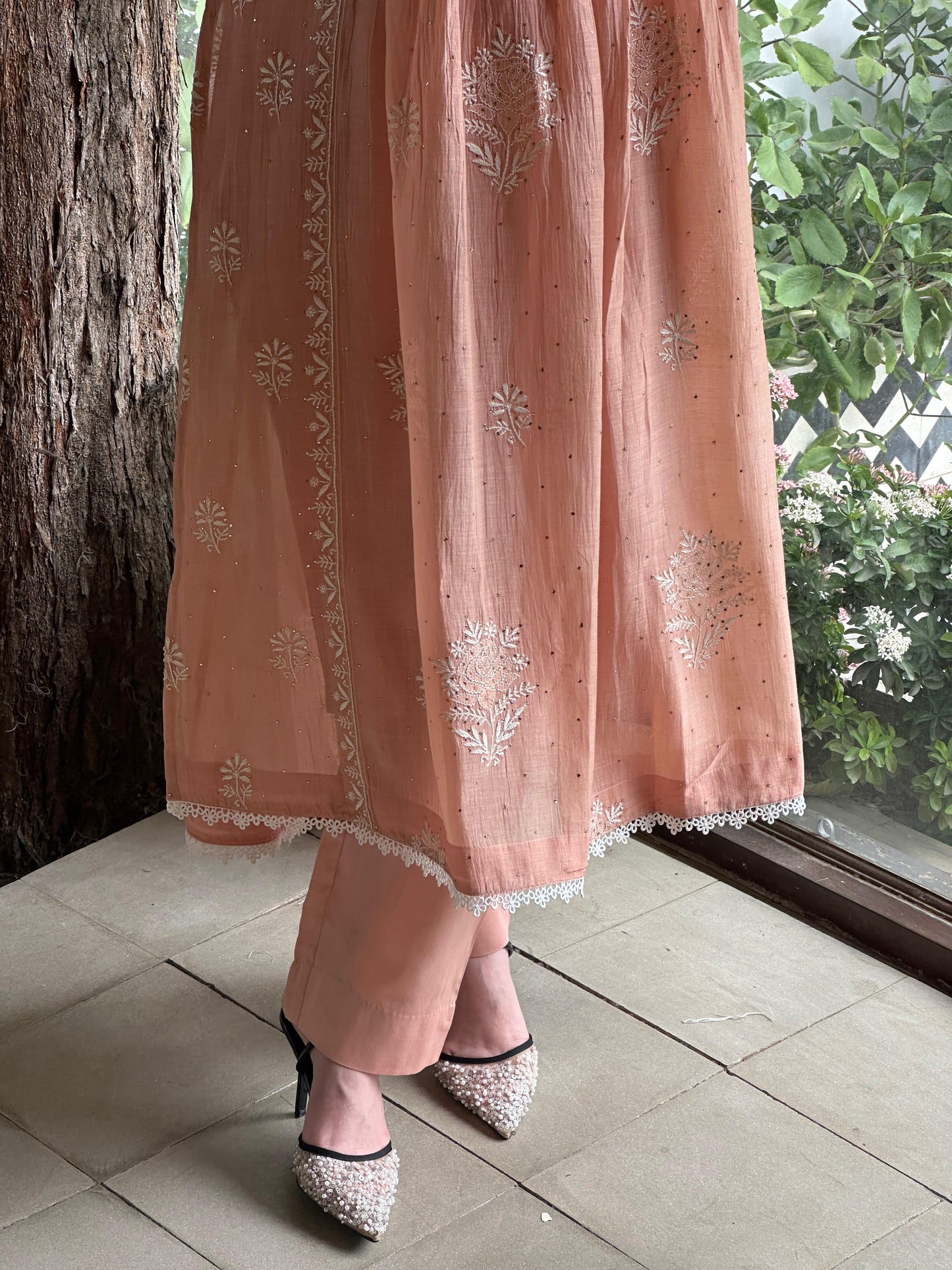 Peach Shade Malmal Mukaish Kamdani Kurta Set