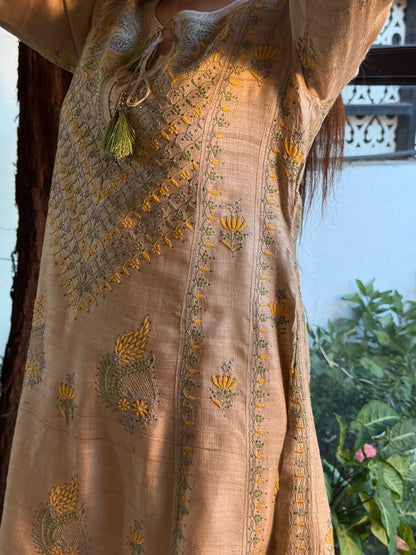 Basak Natural Tussar Silk Kalidar Chikankari Kurta Set