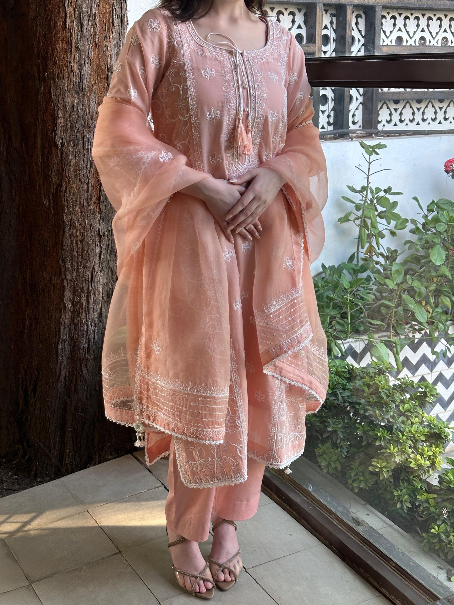 Peach Shade Malmal Pearl Work Chikankari Kurta Set
