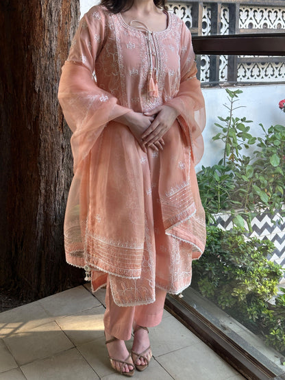 Peach Shade Malmal Pearl Work Chikankari Kurta Set