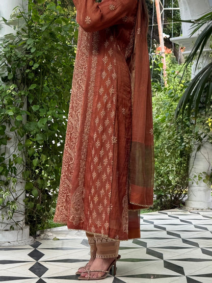 Rust Orange Tissue Silk Chikankari Straight Cut Kurta Dupatta Set