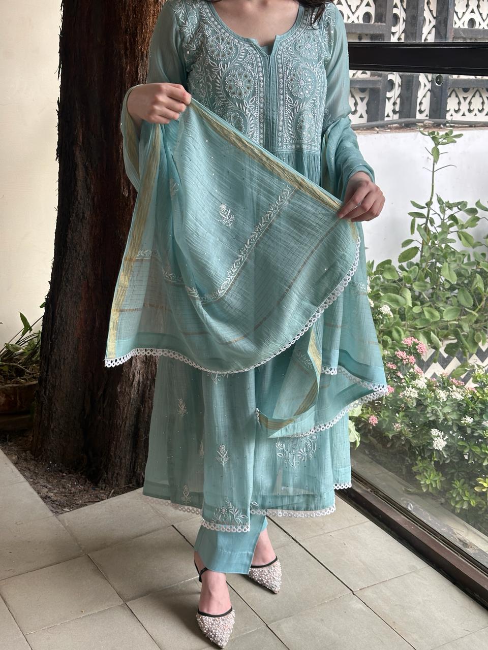 Light Blue Shade Malmal Mukaish Kamdani Chikankari Ready to Wear