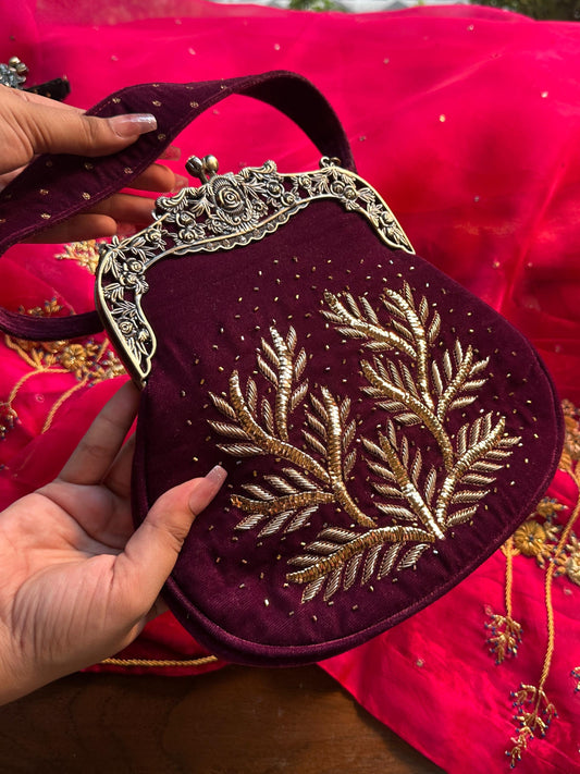 Burgundy Shade Velvet Ari Mukaish Zardosi Sling Bag