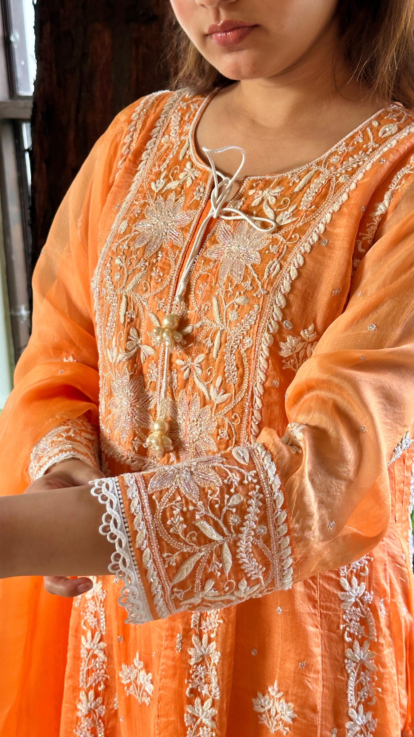 Orange Noor Organza Chikankari Anarkali Kurta With Dupatta