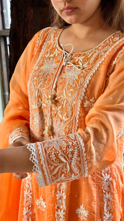 Orange Noor Organza Chikankari Anarkali Kurta With Dupatta