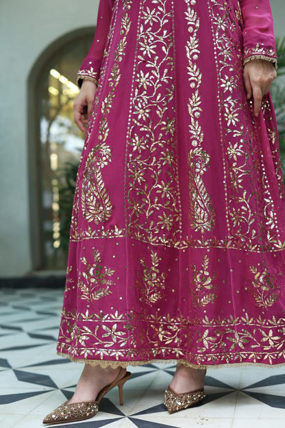 Plum Pink Shade Heavy Mukaish Badla Anarkali Suit Set