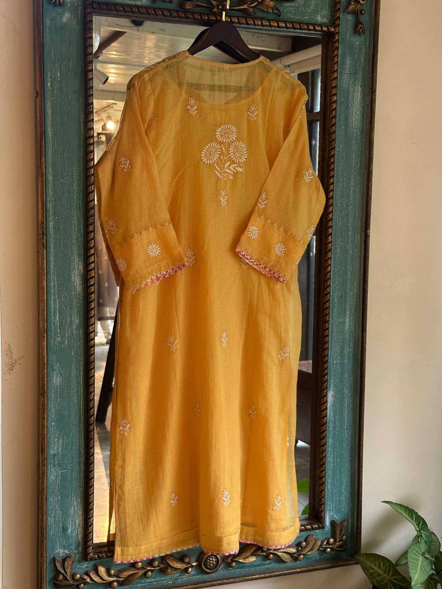 Mustard Yellow Shade Kota Applique Chikankari Kurta Dupatta Set