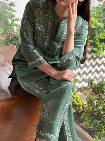 Slate Green Satin Shimmer Chikankari Co-Ord Set