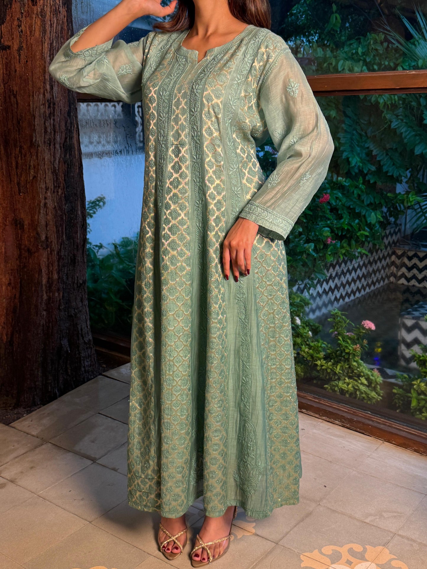 Sea Green Zari Chanderi Chikankari A Line Kurta with Slip