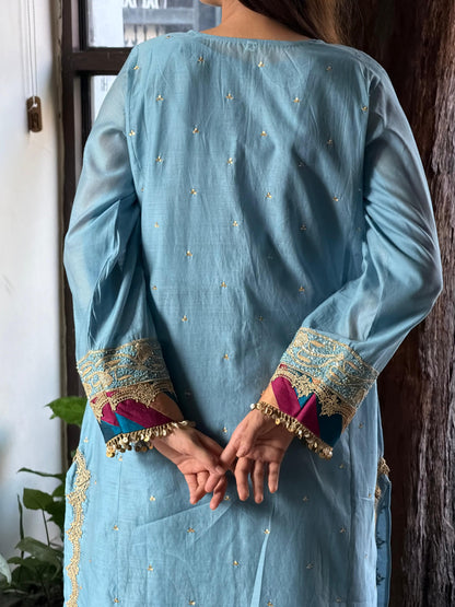 Pastel Blue Chanderi Silk Bird Motif Khadi Salwar Set
