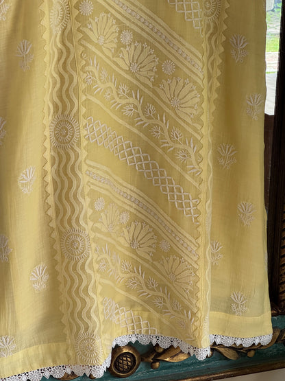 Yellow Shade Malmal Straight Cut Applique Chikankari Pearl & Sequins Kurta Set